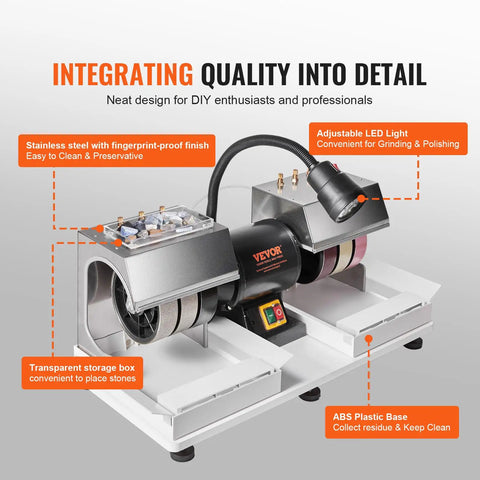 6 Inch Lapidary Cabbing Machine with 2 HP Motor, 1800 RPM Corded Rock Grinder Polisher, featuring built-in lamp and water pump display
