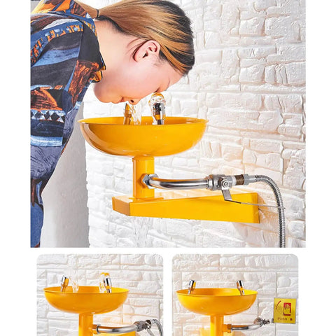 Person using Emergency Eye Wash Station Wall Mounted With Eyewash Sign Dual Spray Faucet Stainless Steel And ABS Housing