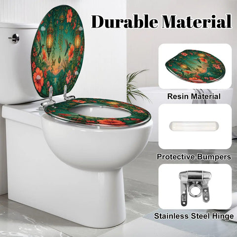 Elongated Tropical Garden Lanterns Vibrant Flowers Sunset Toilet Seat featuring durable resin, protective bumpers, and stainless steel hinge.