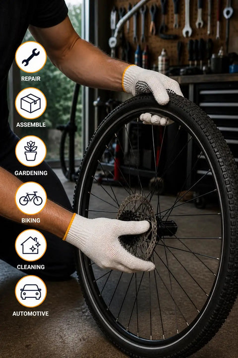 Man wearing 48 Pairs PVC Dotted Knit Work Gloves For Men And Women Non Slip Cotton General Purpose Gloves Bulk Pack One Size
