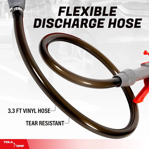 Heavy Duty Portable Battery Powered Fuel Transfer Pump With Flow Control Nozzle And Reinforced Vinyl Hose, 3.3 ft flexible vinyl discharge hose.