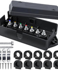 7 Way Trailer Junction Box Kit 2 Pack For RVs, Trailers, And Cars, Waterproof And Weatherproof Electrical Connector Organizer With Color Code Terminals, Durable 7 Terminal Box For Easy Wiring, Replacement Or New Install, open black plastic box with hardware