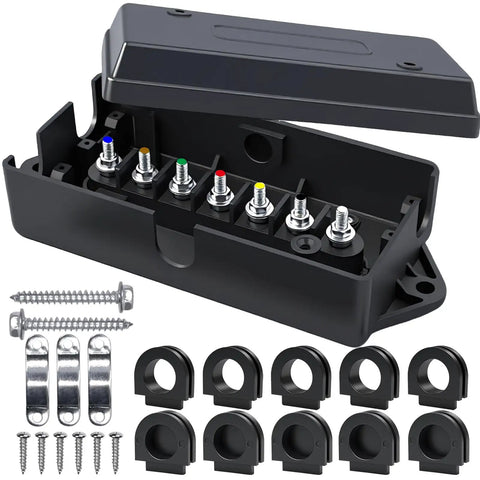7 Way Trailer Junction Box Kit 2 Pack For RVs, Trailers, And Cars, Waterproof And Weatherproof Electrical Connector Organizer With Color Code Terminals, Durable 7 Terminal Box For Easy Wiring, Replacement Or New Install, open black plastic box with hardware