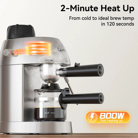 3.5 Bar 4 Cup Espresso Cappuccino Machine With Milk Frother Stainless Steel Compact Home Espresso Maker For Lattes And Cappuccinos Easy One Knob Control Dual Safety Switches 800W showcasing 2-minute heat up feature on a counter.