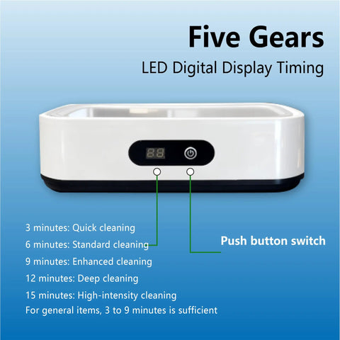 Slick Pro Level Ultrasonic Jewelry Cleaner With 49Khz Deep Wash Power And Five Auto Modes Digital Panel showing LED timer options.