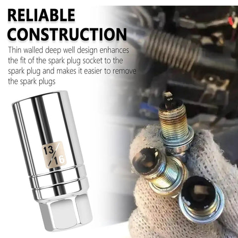 13/16 Inch Magnetic Spark Plug Socket With 3/8 Drive, 6 Point Thin Wall Design For Quick Pop Out And Slick Install shown beside spark plugs