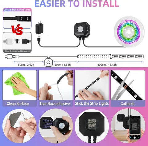 Installation guide for Motion Sensor Under Bed Lights with 2x13.12Ft RGB LED Strips, motion sensor details and usage steps.