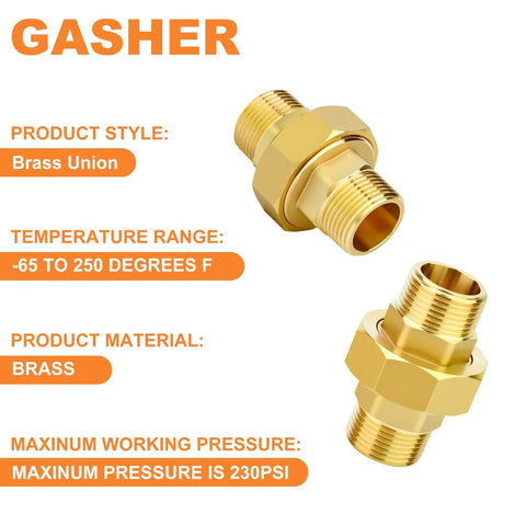 Brass Union 1/2 Npt Male To 1/2 Npt Male Pipe Fitting, durable brass, temperature range -65 to 250 degrees, 230 PSI max