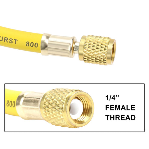 Hromee AC refrigerant hose, 60-inch yellow hose with brass knurled 1/4-inch female-thread adapter