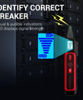 Rechargeable Circuit Breaker Finder With LCD Display And GFCI Outlet Tester scanning a breaker panel with signal indicator visible
