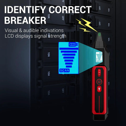 Rechargeable Circuit Breaker Finder With LCD Display And GFCI Outlet Tester scanning a breaker panel with signal indicator visible