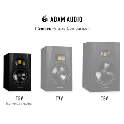 Size comparison of Adam Audio T Series with focus on T5V Studio Monitor For Recording, Mixing And Mastering, showing different models.