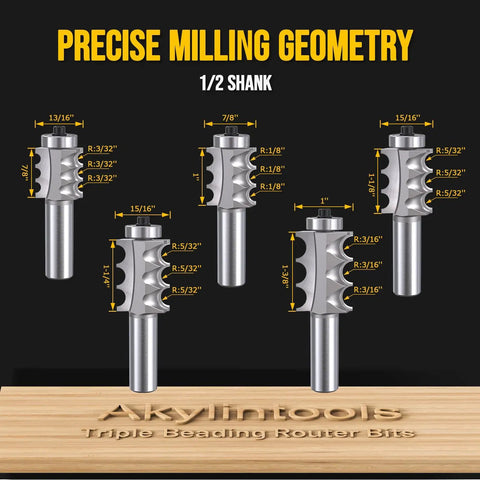 Sick Craftsmen Love Pro Grade 5 Piece Triple Beading Router Bit Set With Heavy Duty Half Inch Shank and Sharp Cutters displayed in precise milling geometry.
