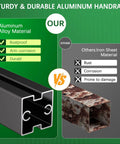 Comparison of Kickass Heavy Duty Hand Rails For Outdoor Steps Deck And Porch Rock Solid Adjustable Stair Railing Kit with rustproof aluminum vs rusty iron sheet.