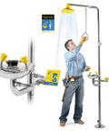 Heavy Duty Combo Safety Shower And Eyewash Station, OSHA certified, stainless steel, installed and ready for use.