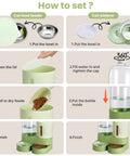 How to set Automatic Pet Feeder And Gravity Water Dispenser Set with stainless steel bowls for cats, dogs, and puppies in green.