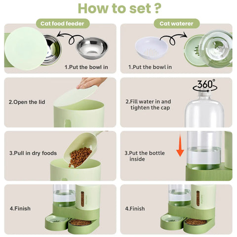 How to set Automatic Pet Feeder And Gravity Water Dispenser Set with stainless steel bowls for cats, dogs, and puppies in green.