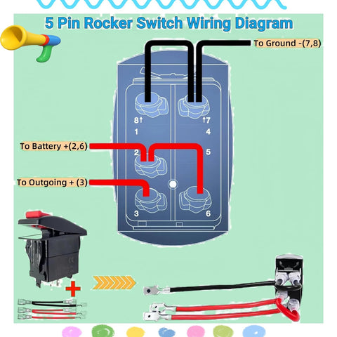 Front view of a Carling-style safety lock rocker switch with 5-pin wiring diagram and red/black jumper wires