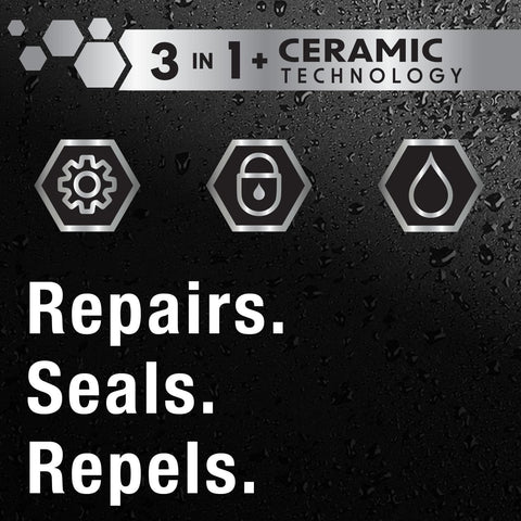 "Image highlighting 3-in-1 ceramic technology with icons and text: Repairs, Seals, Repels; from No-Fuss One Year Polish And Sealant For Cars."