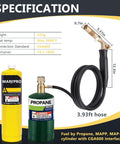 Heavy Duty Propane Torch Hose Kit 3.93 Ft With Adjustable Heat MAPP Torch Head 2600 Fahrenheit 25,000 BTU Per Hour Solder