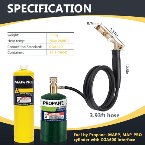 Heavy Duty Propane Torch Hose Kit 3.93 Ft With Adjustable Heat MAPP Torch Head 2600 Fahrenheit 25,000 BTU Per Hour Solder