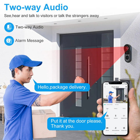 2K Wireless Video Doorbell Camera With Real Time Alerts 2 Way Audio Battery Powered Cloud And SD Storage in use by delivery person