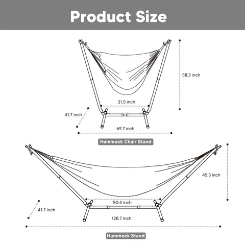 Dimensions of the 2-In-1 Convertible Backyard Hammock With Stand And Chair showing chair and hammock measurements in inches.