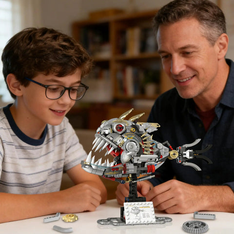 Boy and man building Mechanical Piranha Building Set With Multi Joint Linkage Fish That Works With Lego Animal Bricks Dope For Book Shelves Or Home Office Decor STEM Ocean Creature Toy For Boys Age 8 Plus Creative Gift For Fish Lovers on a table