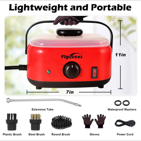 2500W Beast Of A Pressurized Steam Cleaner With 230F Steam, 3 Brush Heads, red portable design, 11x7 inches size.
