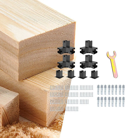 Top Shelf 3 Way Right Angle Corner Brackets And Heavy Duty Post Mounts For No Sweat DIY Pergola Builds Complete Garden Hardware Set with screws and wrench.