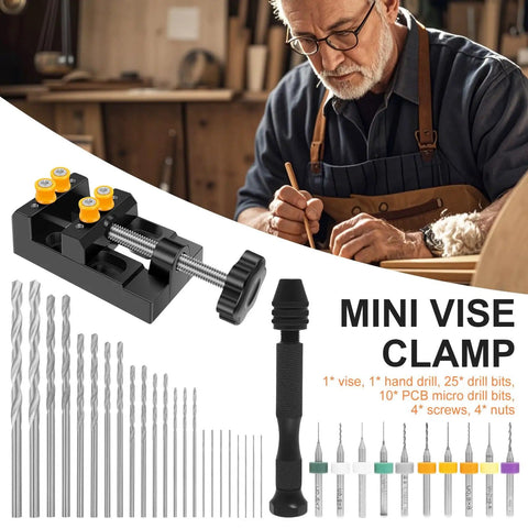 Mini Drill Press Vise Kit With 0 To 2.17 Inch Clamping Range and drill bits displayed with craftsman in workshop