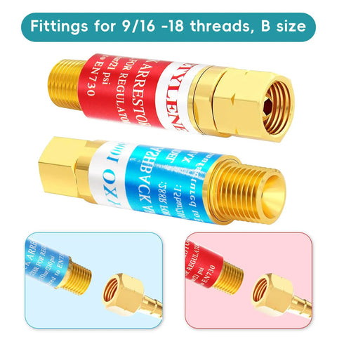 Oxygen And Acetylene Flashback Arrestor Set For Regulators with 9/16-18 threads B size brass check valve in red and blue