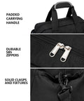 14 Inch Small Gym Bag For Women And Men, showing padded handle, durable SBS zippers, solid clasps on black polyester fabric.