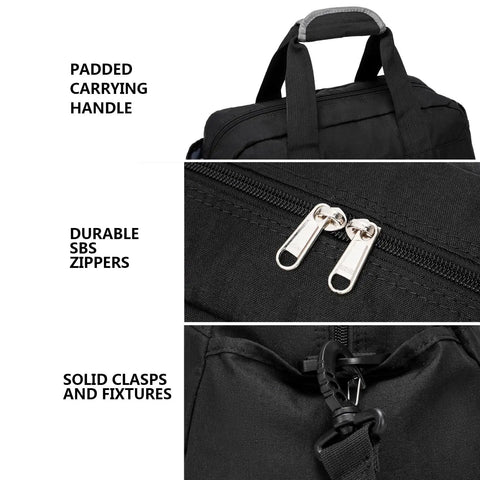 14 Inch Small Gym Bag For Women And Men, showing padded handle, durable SBS zippers, solid clasps on black polyester fabric.