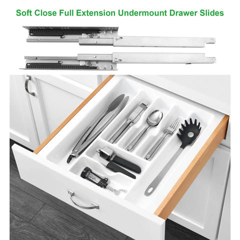 Undermount Soft Close Drawer Slides Set for Frameless Cabinets, 6 Pairs, 22 Inch, installed on kitchen drawer