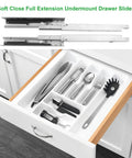 Super Smooth Dead Quiet Glide Heavy Duty Undermount Soft Close Drawer Slides Twenty Inch Full Extension Ball Bearing Rails With Easy Adjust Locks For Frameless Cabinets Six Pack installed in a drawer with utensils.