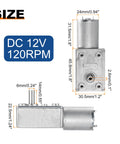 Diagram of 12V Worm Gear Motor 120 RPM Beefy Torque Reduction Drive With 6mm D Shaft Low Speed Mini Turbine Worm Motor For DIY Projects Robotics Fans Printers Conveyors Ovens Washers Coffee Machines And More, showing dimensions and specifications.