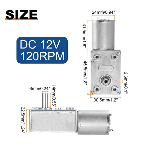 Diagram of 12V Worm Gear Motor 120 RPM Beefy Torque Reduction Drive With 6mm D Shaft Low Speed Mini Turbine Worm Motor For DIY Projects Robotics Fans Printers Conveyors Ovens Washers Coffee Machines And More, showing dimensions and specifications.