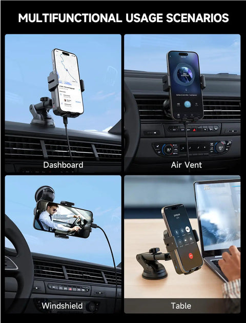 Wireless Car Charger 15W Auto Clamping With 360 Degree Rotating Phone Holder And 3 In 1 Dash Windshield Air Vent Mount usage scenarios