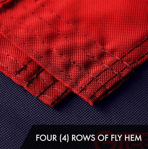 Close-up of four rows of fly hem on a Betsy Ross 1776 Tea Stained Flag 3x5 Ft Crafted With ToughWeave Pro Series Embroidered 420D Polyester.