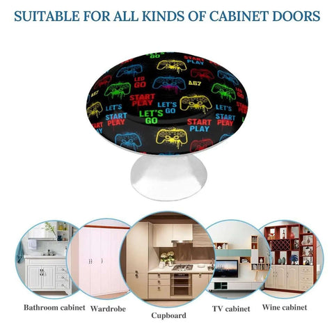 Video Game Weapon Themed Badass Cabinet Knobs And Drawer Pulls Set with colored gaming controllers on black background
