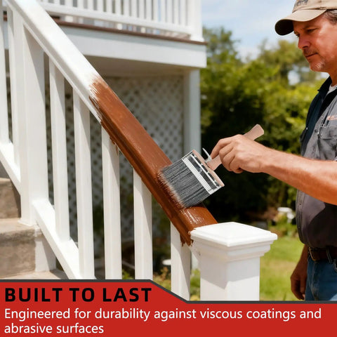 Man using Deck Stain Brush Set 3 Pack With 4 Inch 5 Inch 6 Inch Wide Brush For Stains Paints And Limewash on wooden railing
