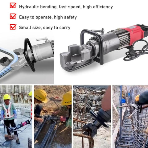 Portable Hydraulic Rebar Bender With 1150W Pure Copper Motor That Bends Up To 25 Millimeter Steel Bars At 0 To 90 Degrees Built Like A Tank For The Daily Grind And Quick Turnaround Projects, showing close-up bending mechanism.