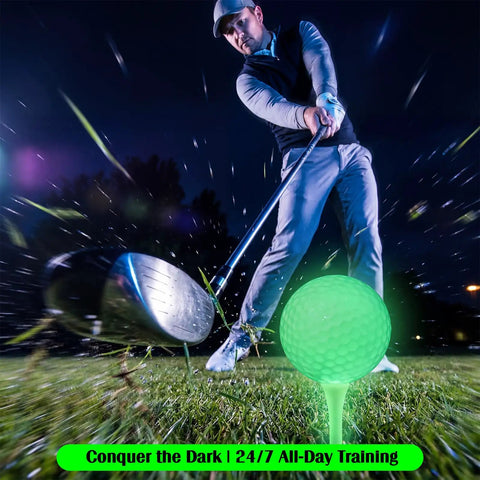 Man playing golf at night with glow-in-the-dark ball and tee from Glow In The Dark Golf Practice Ball Set With 20 Glow Balls And 20 Rubber Tees 42 Point 6 Mm Size For Night Training In Your Backyard Driving Net Charge Under Light No LED Or Batteries Needed For After Sunset Golf Practice