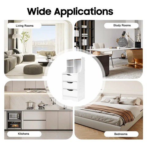 Vertical Bedside Cabinet With Three Drawers And Open Storage Shelf Nightstand End Table For Bedroom White in various room settings