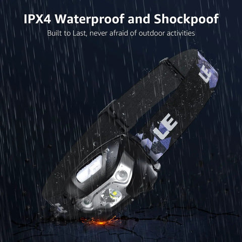 Two Pack Rechargeable LED Headlamp With 5 Modes For Camping And Hiking IPX4 Waterproof Headlight in rain showcasing durability