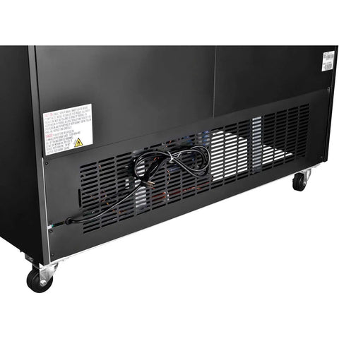 Kickass Commercial Merchandiser Refrigerator Delivering Rock Solid 45 Cubic Foot Storage With Eight Roomy Shelves For Chill Beverage Display At Bars Restaurants Or Retail Spaces Back view showing ventilation and electrical cord.