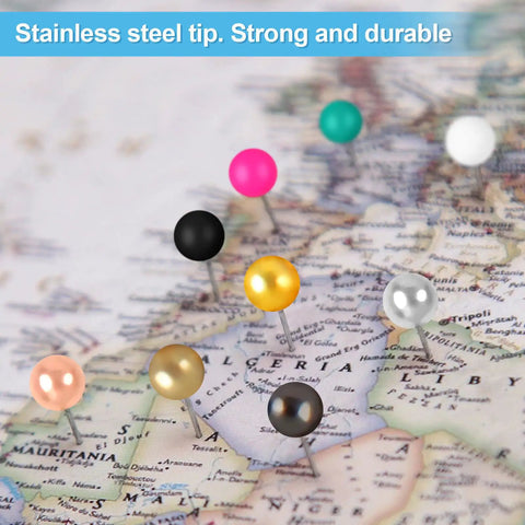 Super Dope 810 Piece Assorted Color Map Push Pins With Heavy Duty Stainless Steel Needles And Vivid Plastic Balls on a map.