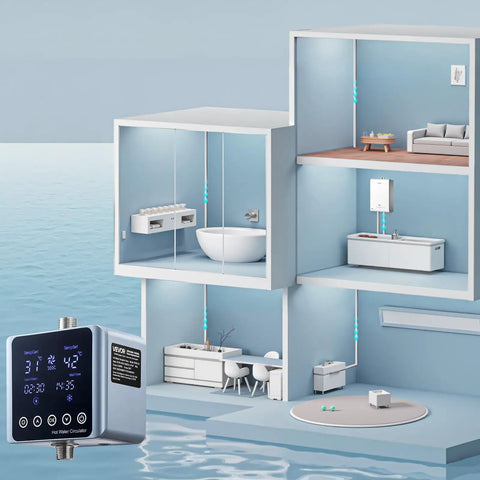 Smart Digital Instant Hot Water Recirculating Pump Kit under sink with Thermostat Timer and Auto Shutoff in modern home setup.