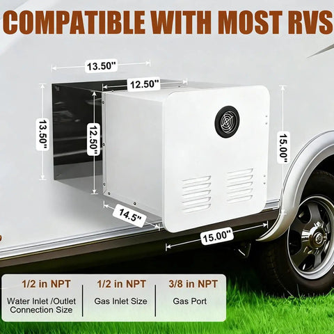 Road Ready Propane Tankless Water Heater With Smart Lcd Controls And 55000 Btu dimensions showing compatibility with RVs.